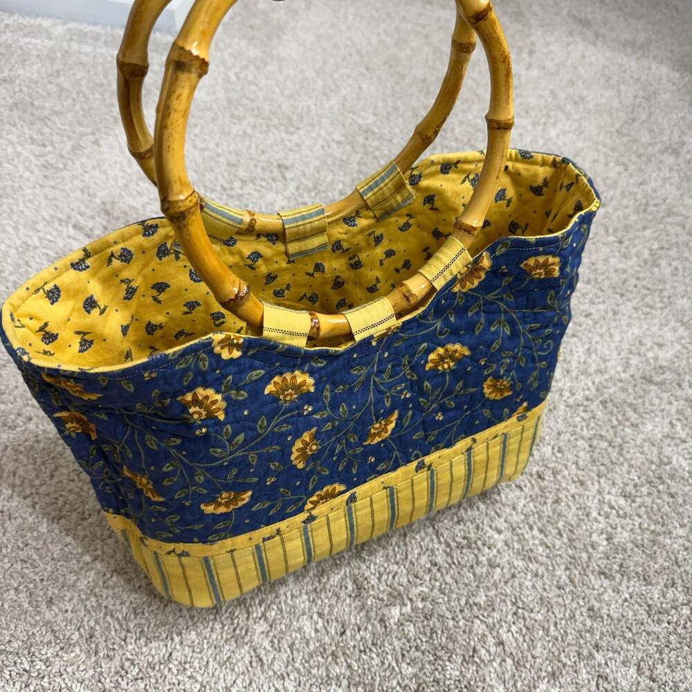 Handmade Quilted Floral Tote Bag with Bamboo Handles